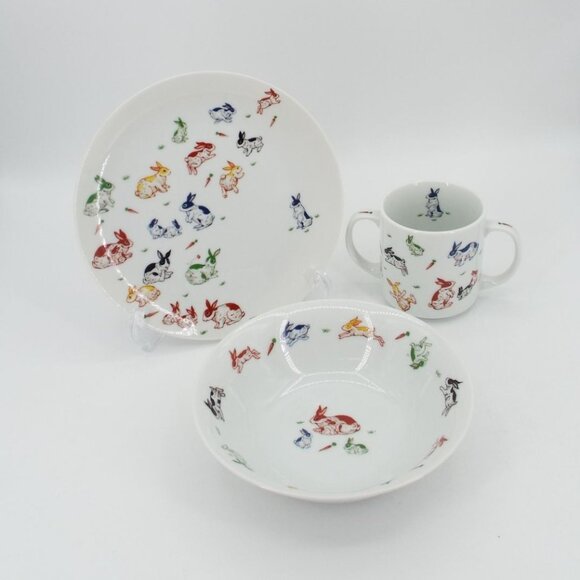 Vintage 1984 Taitu Japan Ceramic 3-Piece Bunny Rabbit Set - Plate, Bowl, Cup - Picture 1 of 13